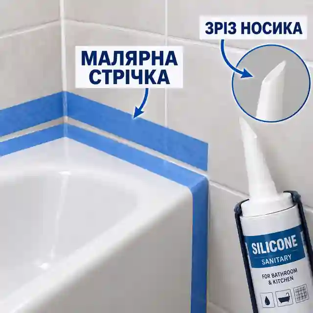 Малярна стрічка вздовж стику та правильний зріз носика картриджа силікону