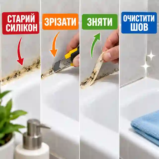 Послідовне видалення старого силікону зі стику ванни та плитки