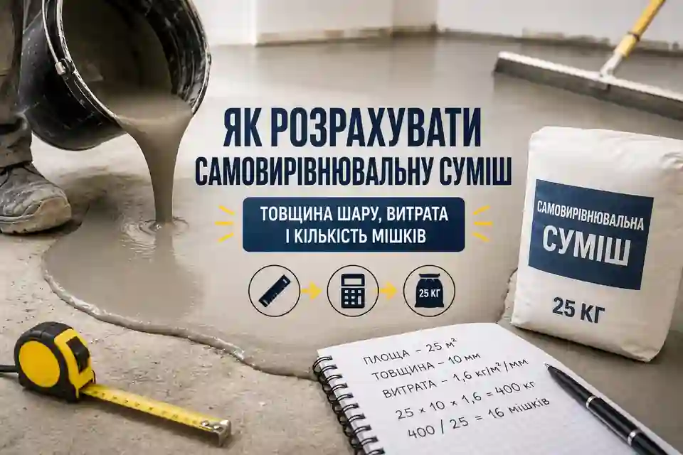 Розрахунок самовирівнювальної суміші за площею підлоги, середньою товщиною шару, витратою та кількістю мішків