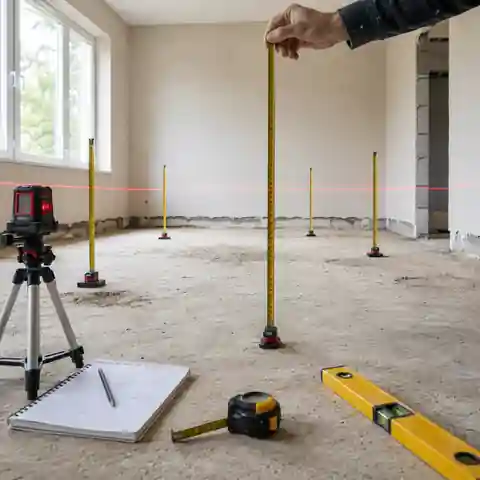 Вимірювання товщини стяжки підлоги лазерним рівнем у кількох точках кімнати