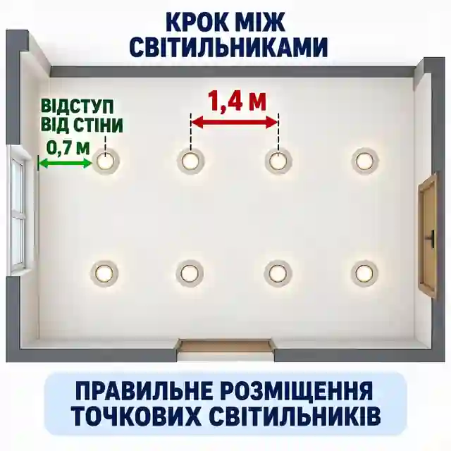 Схема кроку між точковими світильниками та відступу крайніх світильників від стін