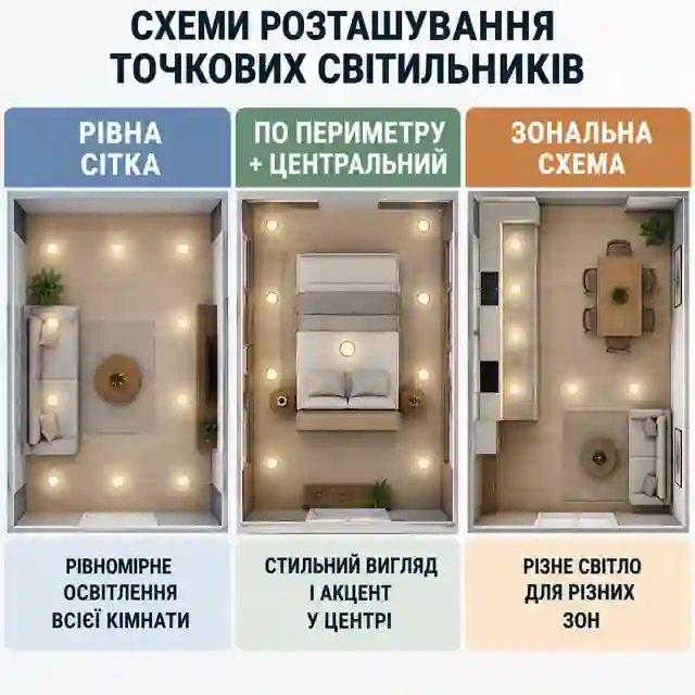 Порівняння рівної сітки, периметральної та зональної схеми точкових світильників
