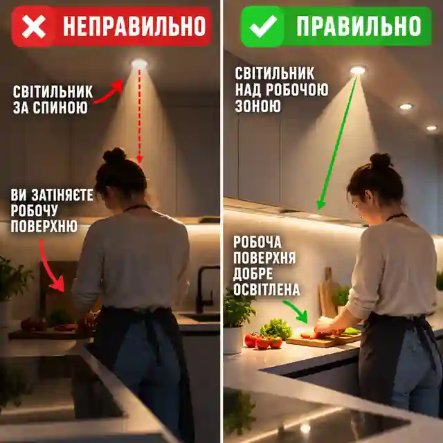 Правильне розташування точкових світильників над робочою зоною кухні без тіні від людини