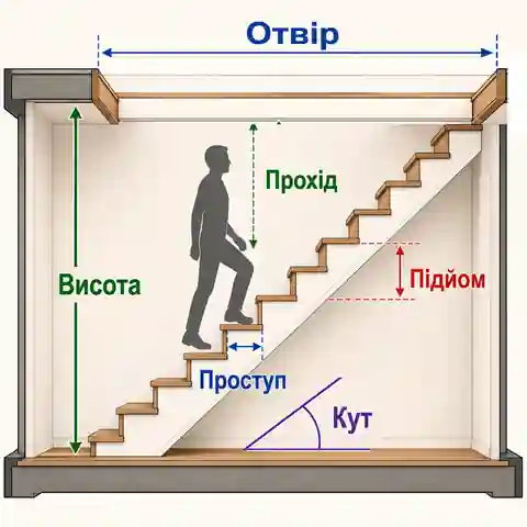 Бічна схема сходів з висотою між поверхами, проступом, кутом, отвором у перекритті та висотою проходу