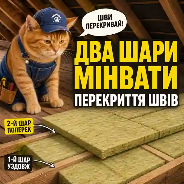 Укладання другого шару мінвати поперек першого на перекритті горища