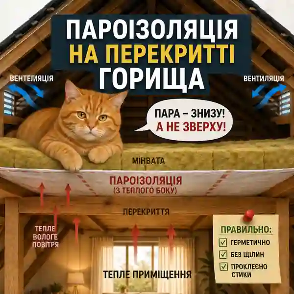 Схема пароізоляції під мінватою на перекритті холодного горища