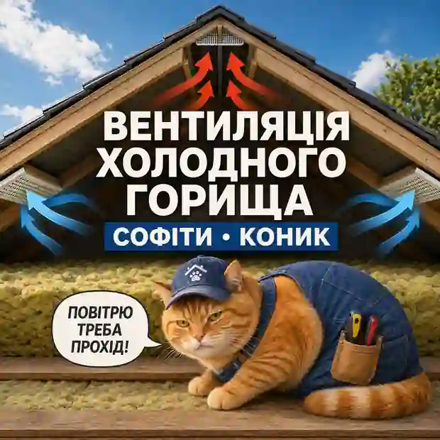 Схема вентиляції холодного горища через софіти та верхню зону даху