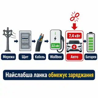Ланцюг обмежень домашнього заряджання електромобіля від мережі до бортового зарядного пристрою