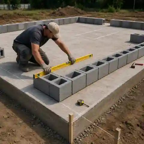 Перевірка рівня фундаменту, осей стіни та суха розкладка бетонних блоків