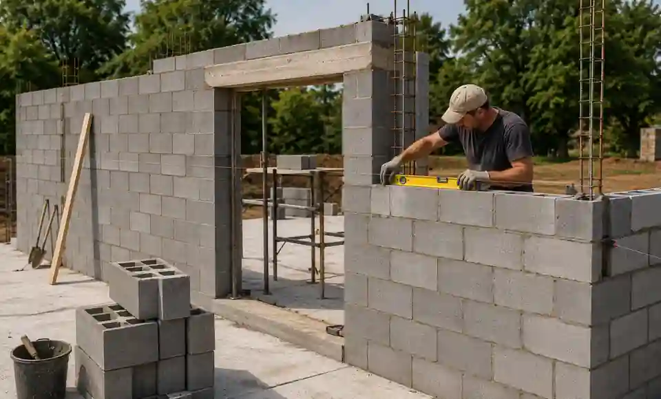 Кладка стіни з бетонних блоків із дверним прорізом і перемичкою