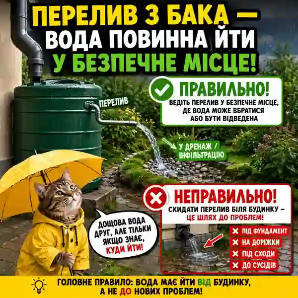 Схема безпечного переливу з бака дощової води в інфільтраційну зону або дощову каналізацію далеко від фундаменту