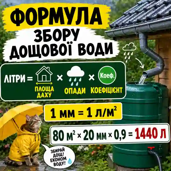 Схема формули збору дощової води: площа даху, міліметри опадів і коефіцієнт втрат
