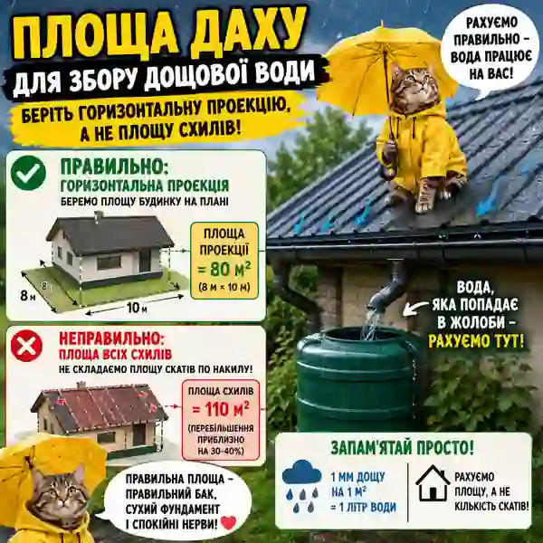 Схема будинку з поясненням різниці між площею схилу даху і горизонтальною проєкцією для збору дощової води