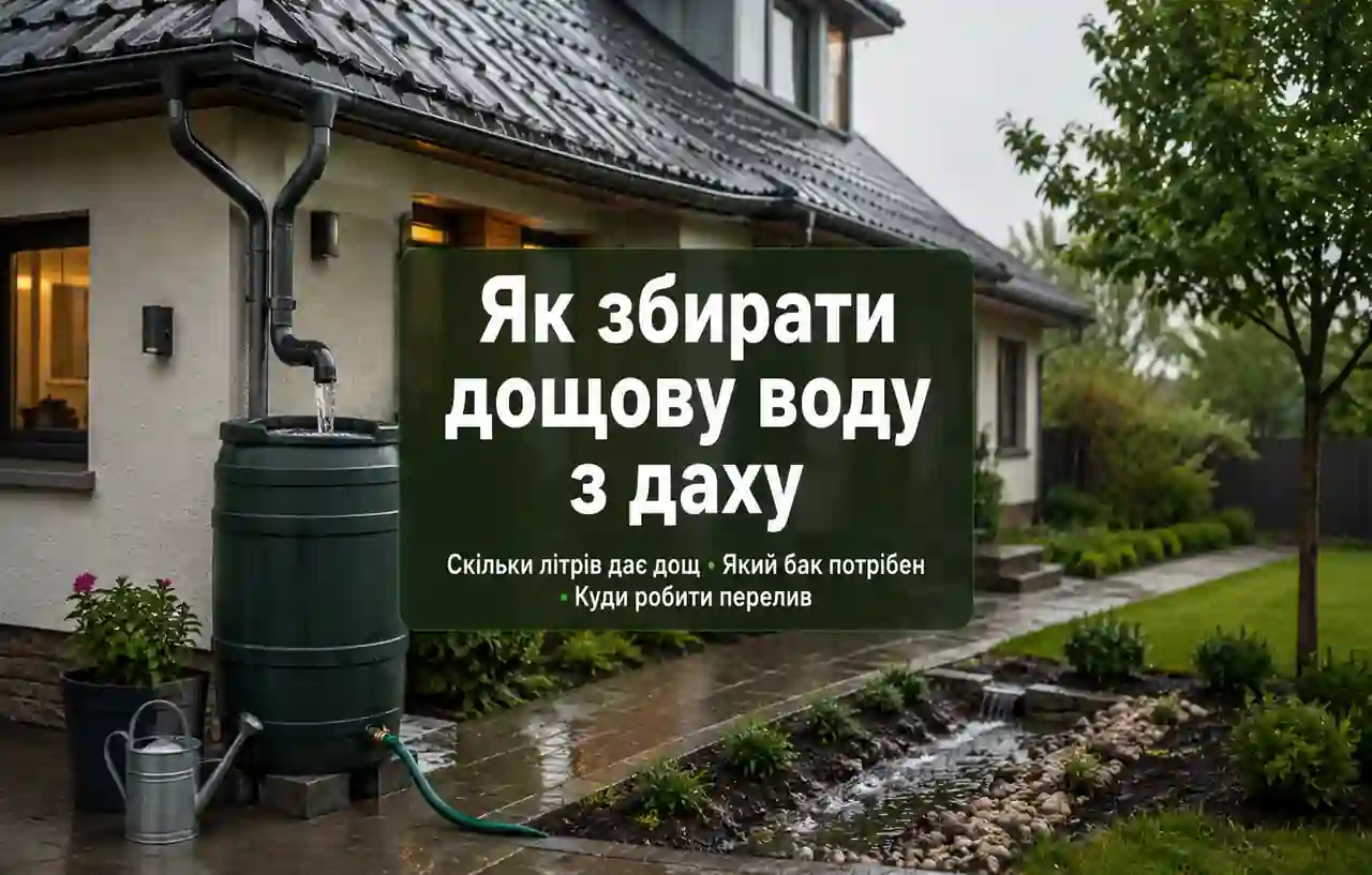 Збір дощової води з даху в наземний бак біля приватного будинку