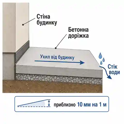 Схема ухилу бетонної доріжки від будинку для відведення дощової води