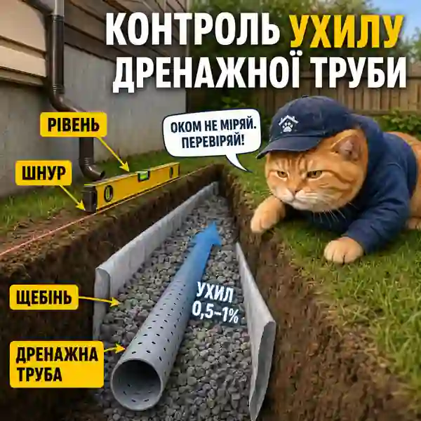 Контроль ухилу дренажної траншеї та труби шнуром, рівнем або лазерним нівеліром