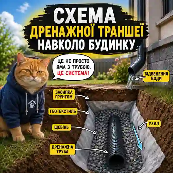 Схема дренажної траншеї навколо будинку з геотекстилем, щебенем і перфорованою трубою