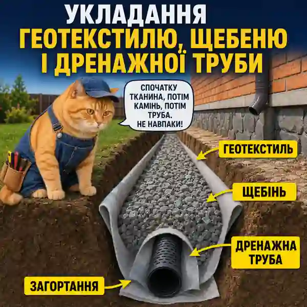Укладання геотекстилю, щебеню та перфорованої дренажної труби в траншею