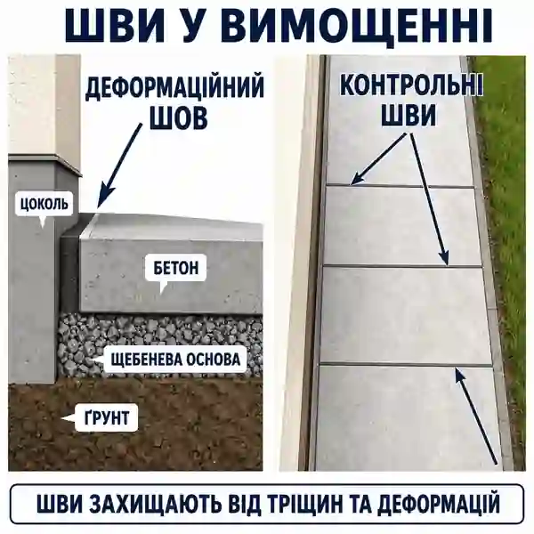 Схема ізоляційного шва між вимощенням і цоколем та контрольних швів поперек бетонної смуги