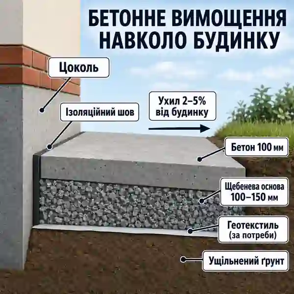 Розріз бетонного вимощення біля цоколя з ізоляційним швом, бетонною плитою, щебеневою основою та ущільненим ґрунтом