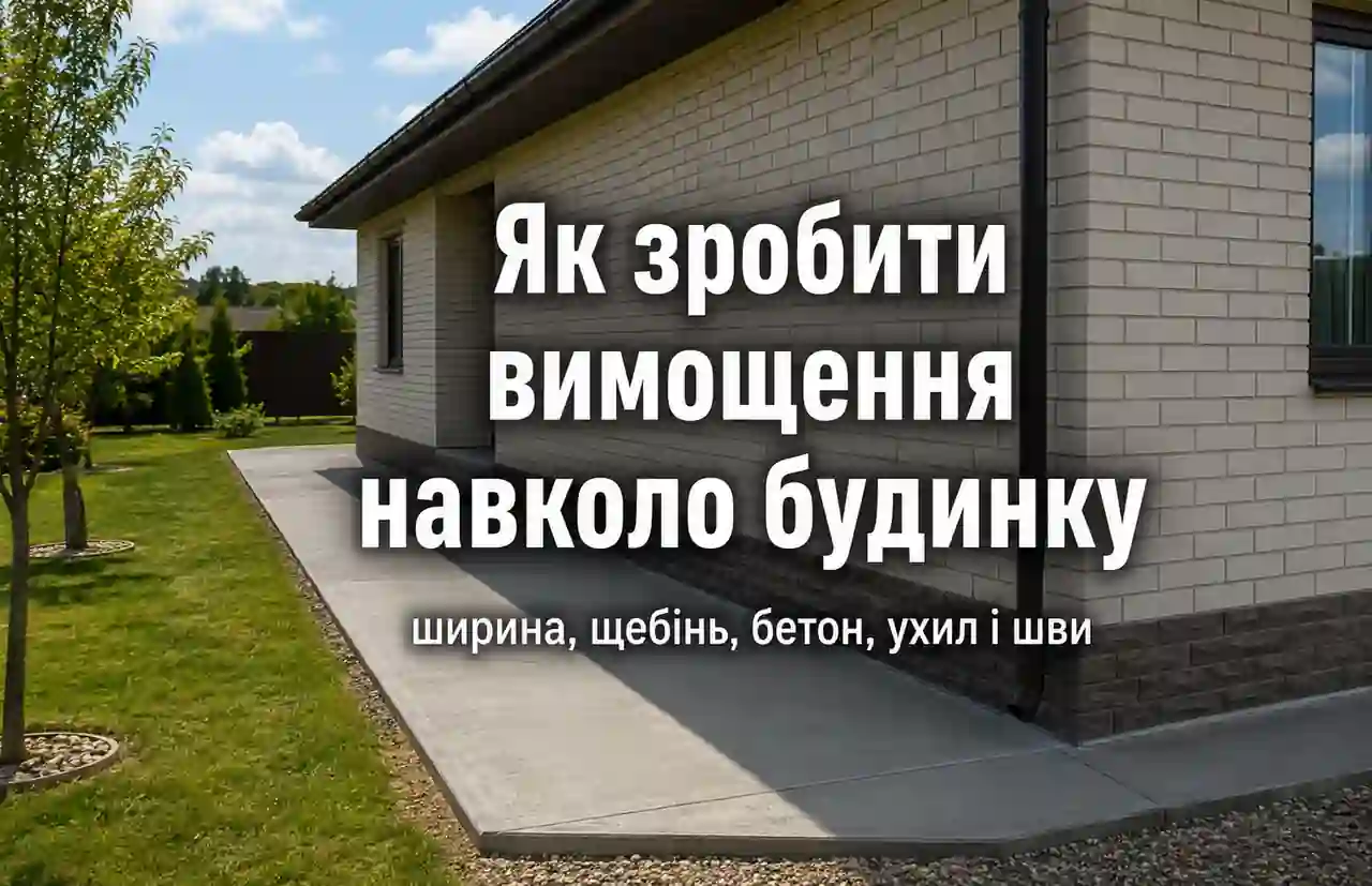Бетонне вимощення навколо приватного будинку з ухилом від цоколя та щебеневою основою