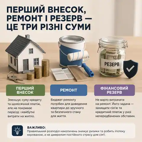 Розподіл накопичень між першим внеском за іпотекою, ремонтом квартири та фінансовим резервом