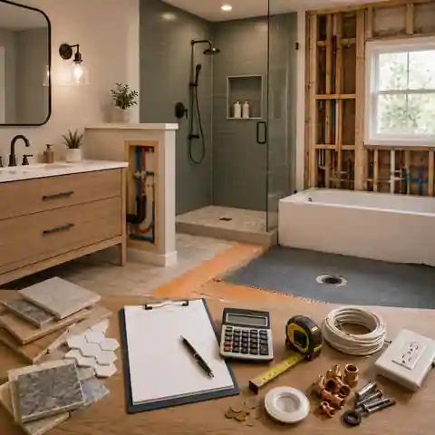 Bathroom renovation cost planning with tiles, waterproofing, plumbing and fixtures