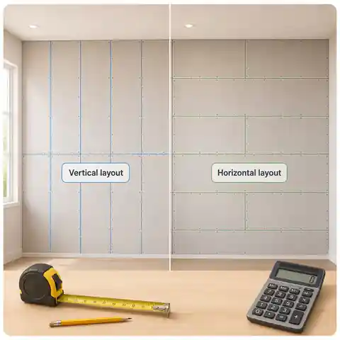 Comparison of vertical and horizontal drywall or plasterboard sheet layouts on a wall