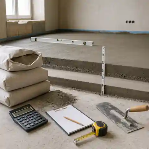 Floor screed material calculation using floor area, average thickness and dry mix bags