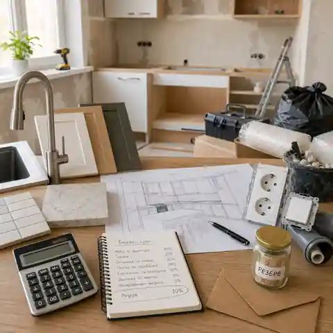Kitchen renovation budget covering cabinets, worktops, appliances, plumbing, electrical work, installation and contingency