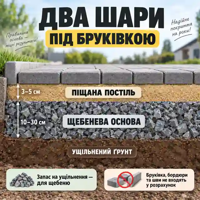 Схема щебеневої основи та піщаної постелі під бруківкою