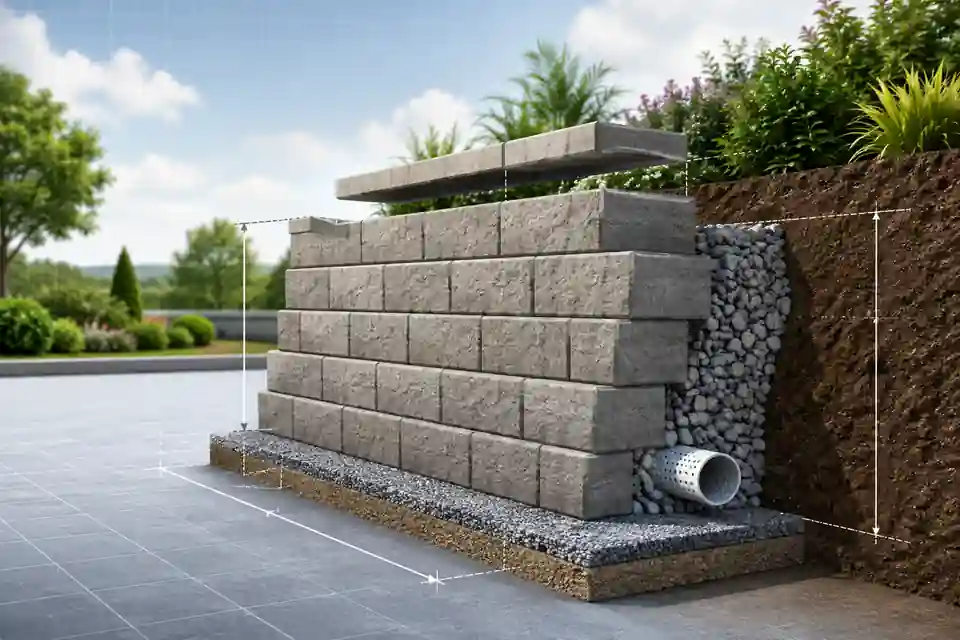 Illustration of a block retaining wall, gravel base and drainage