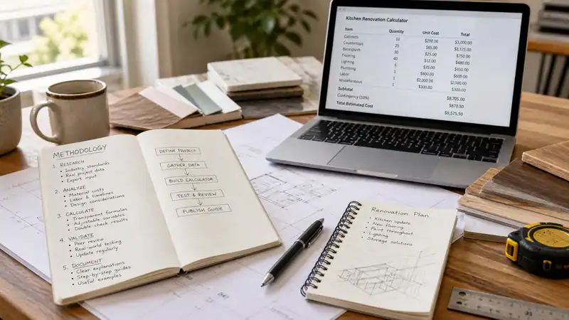 Desk with renovation notes, measurements, a calculator and a project plan
